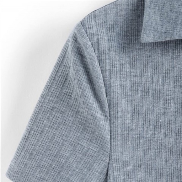Zaful Grey Ribbed Collared T-shirt - Picture 3 of 4